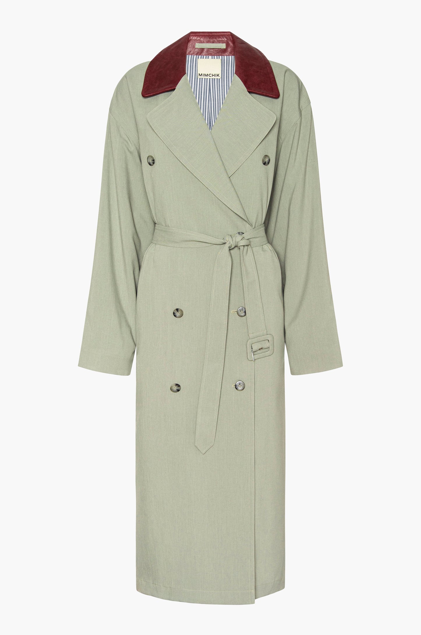 Seafoam green trench coat with a burgundy leather collar on a white background