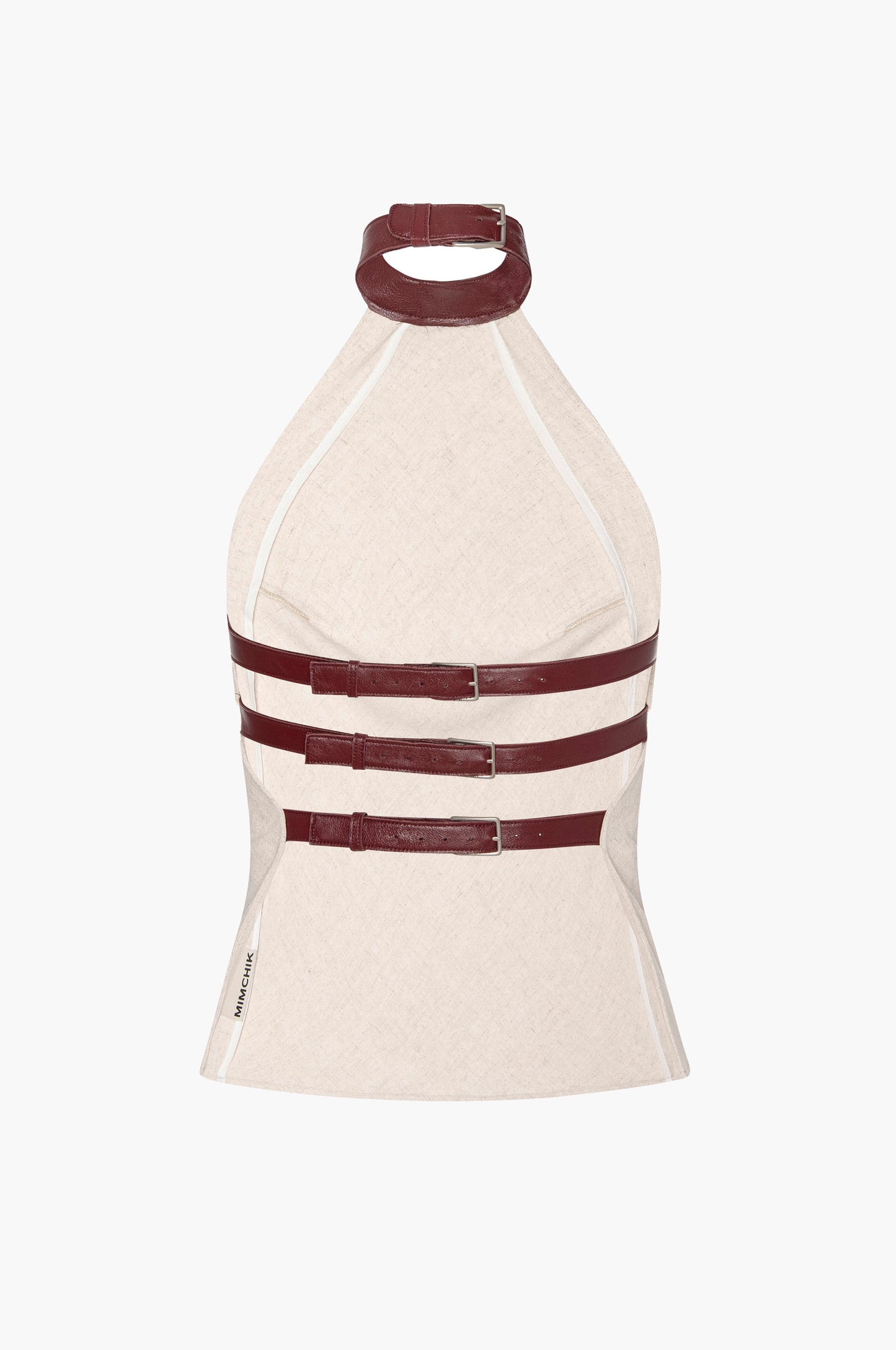 Linen halter top with a brown leather collar and back straps on a white background