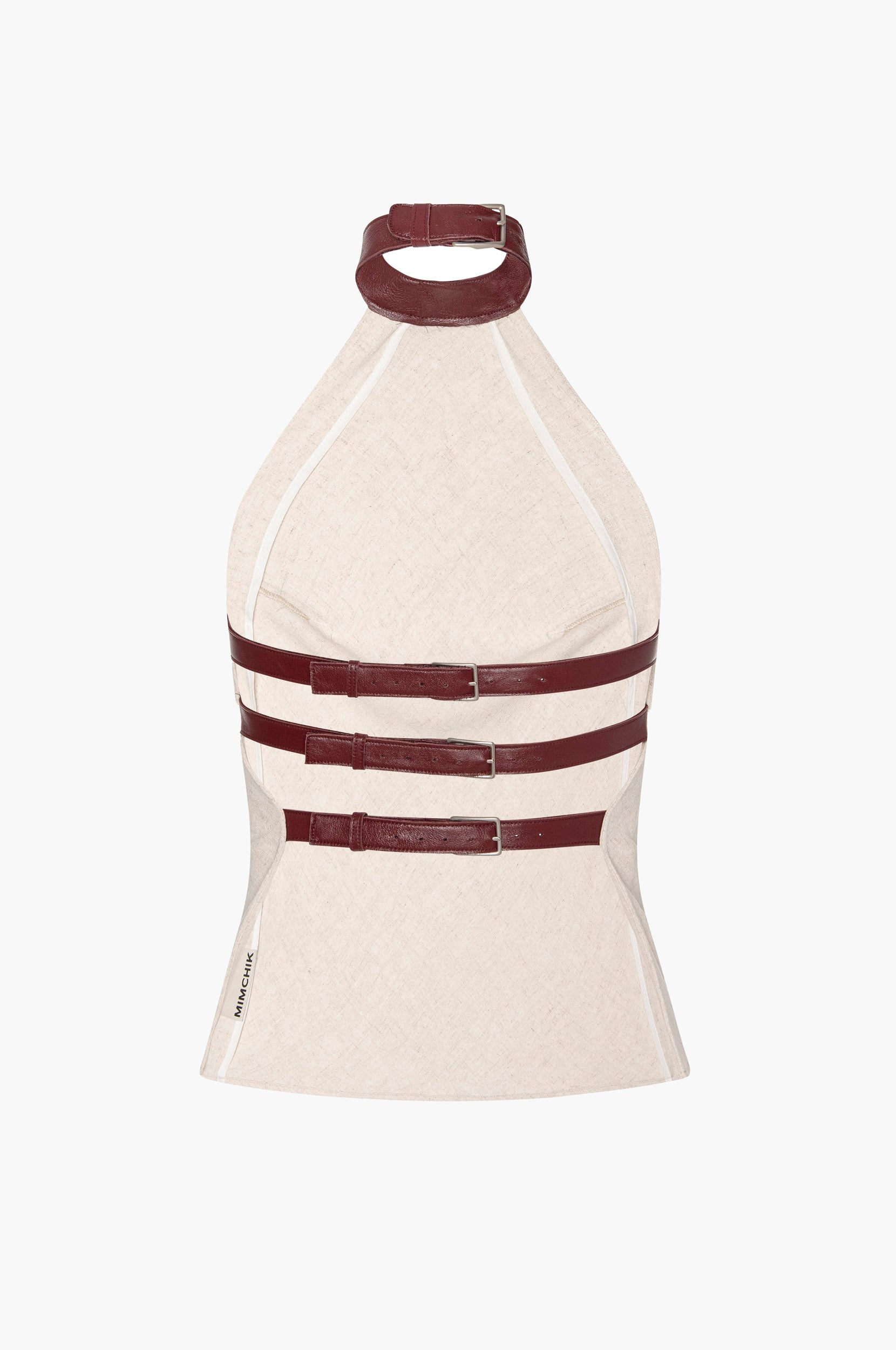 Linen halter top with a brown leather collar and back straps on a white background