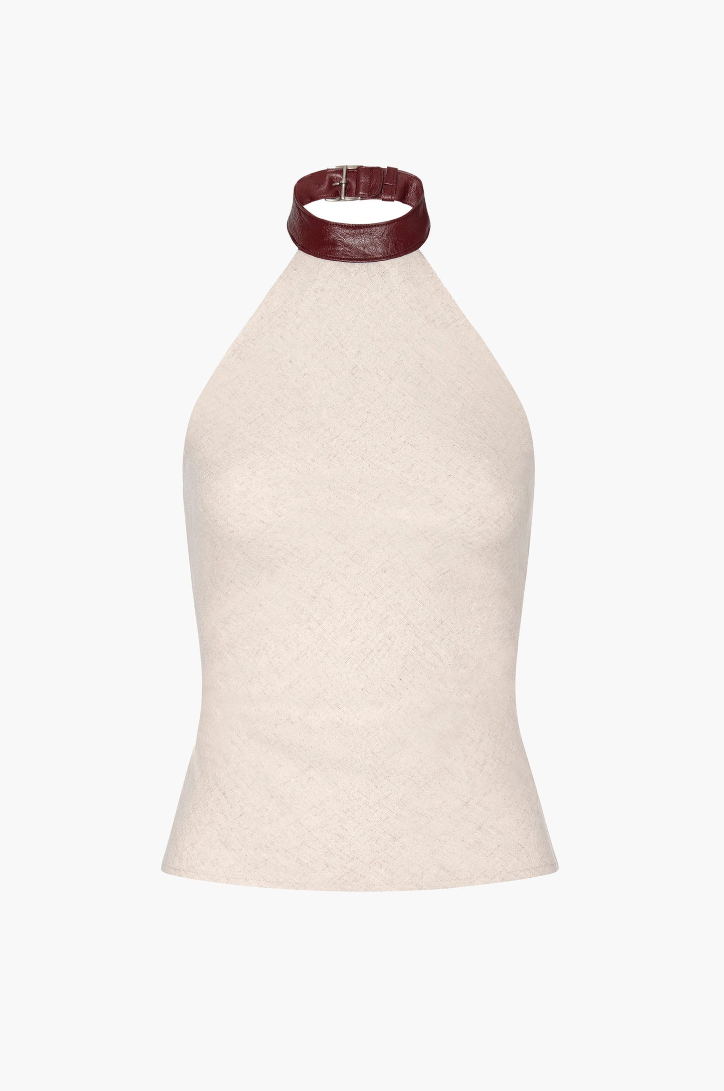 Linen halter top with a brown leather collar on a white background