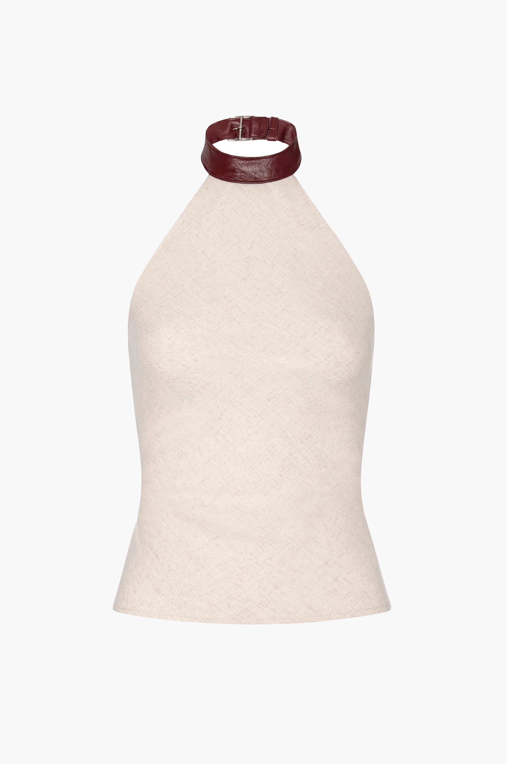 Linen halter top with a brown leather collar on a white background