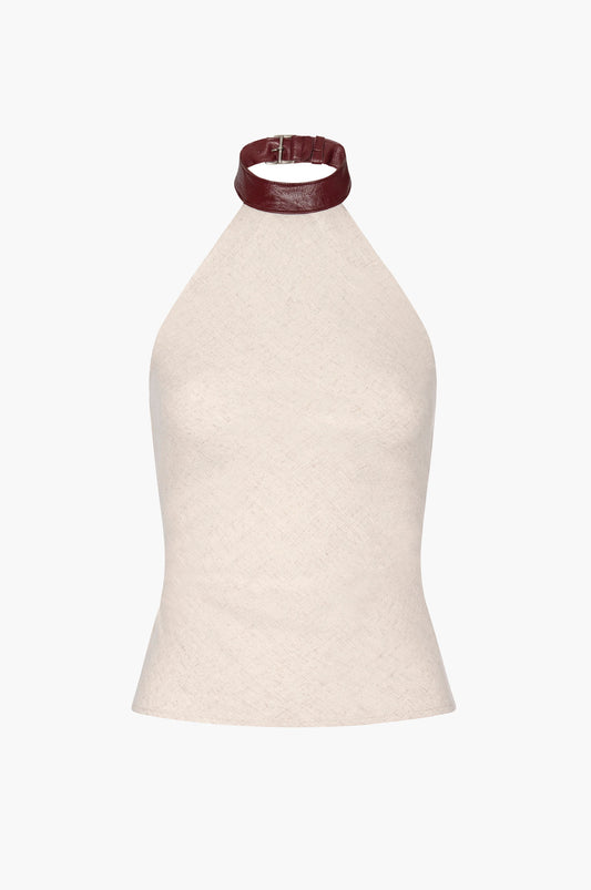 Linen halter top with a brown leather collar on a white background