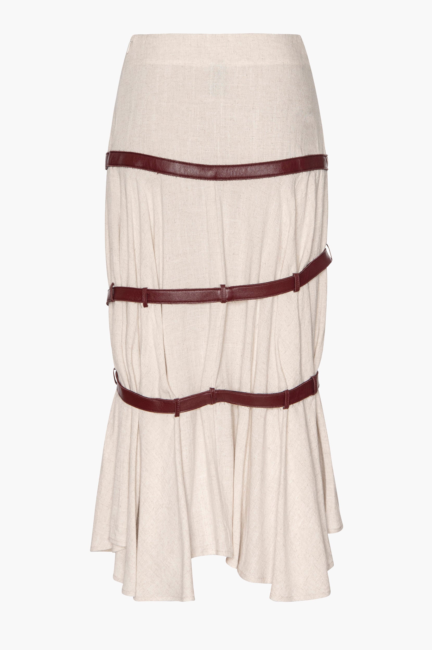 Beige linen skirt with three brown leather belt straps on a white background