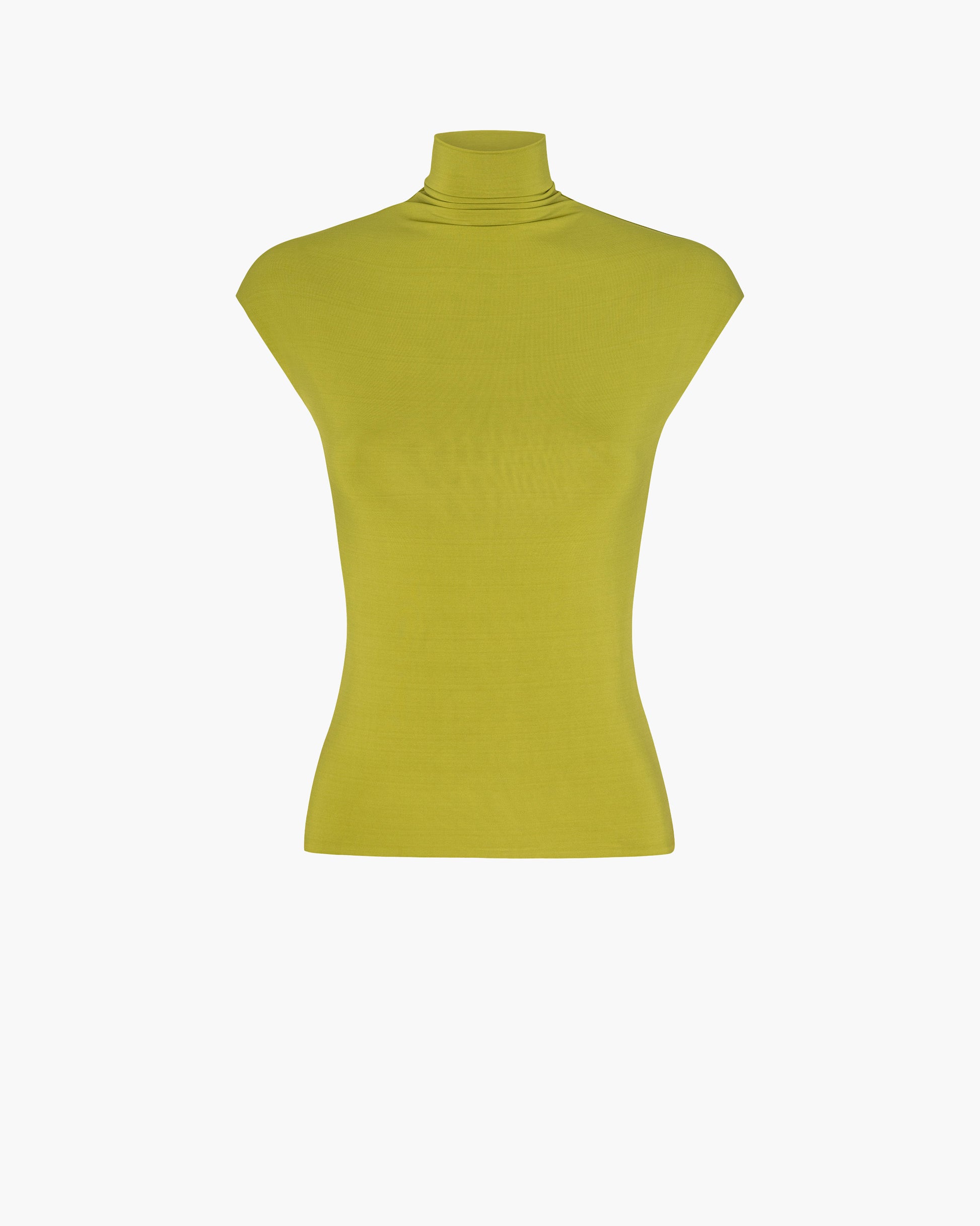 Front view of an olive green cap-sleeve jersey top with a mock neck and a fitted silhouette, shown as a flat product shot