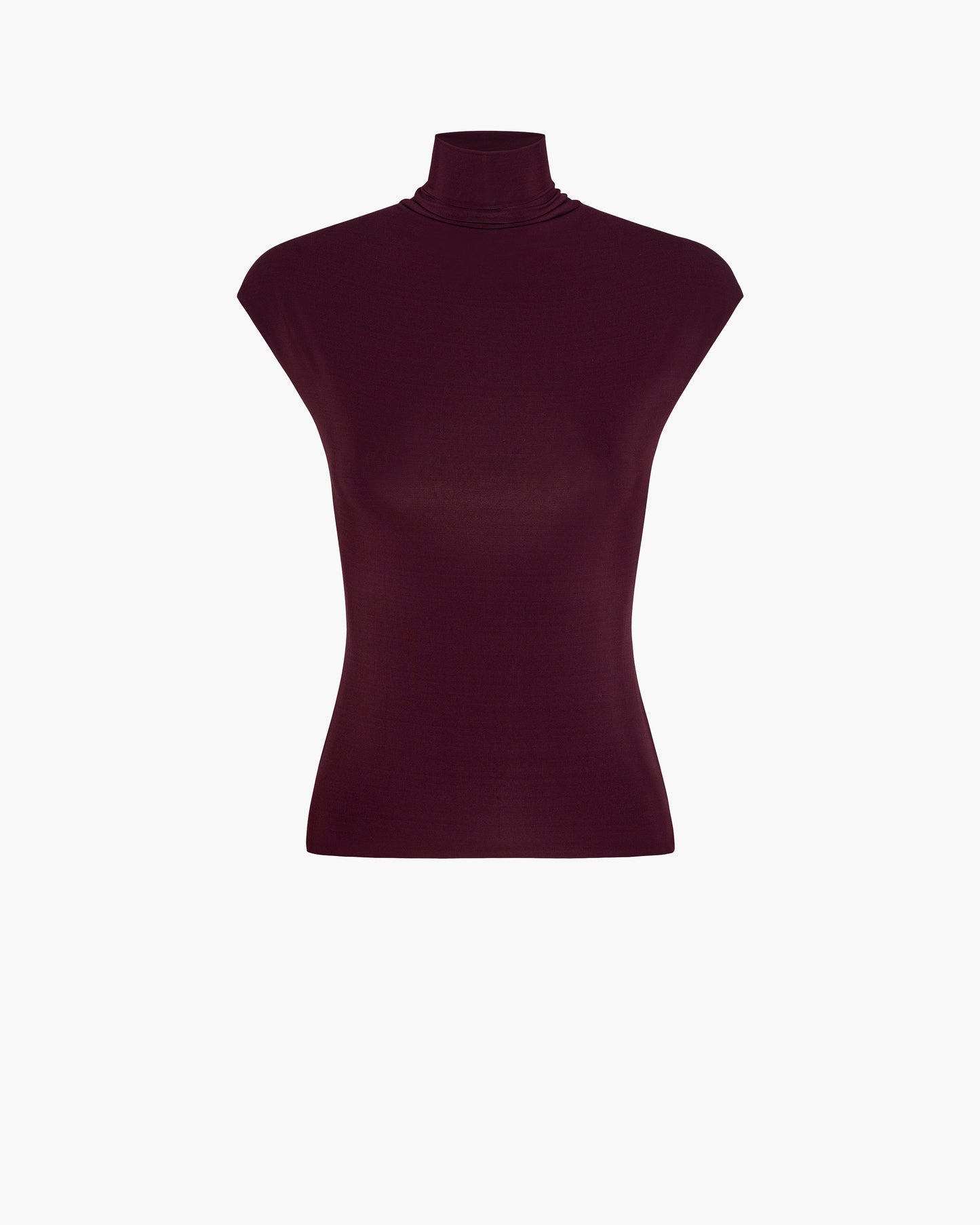 Front view of a burgundy cap-sleeve jersey top with a mock neck and a fitted silhouette, shown as a flat product shot