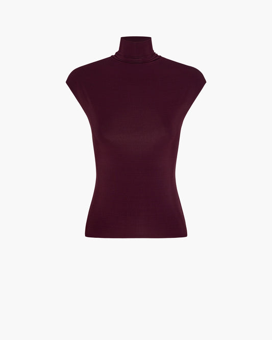 Front view of a burgundy cap-sleeve jersey top with a mock neck and a fitted silhouette, shown as a flat product shot