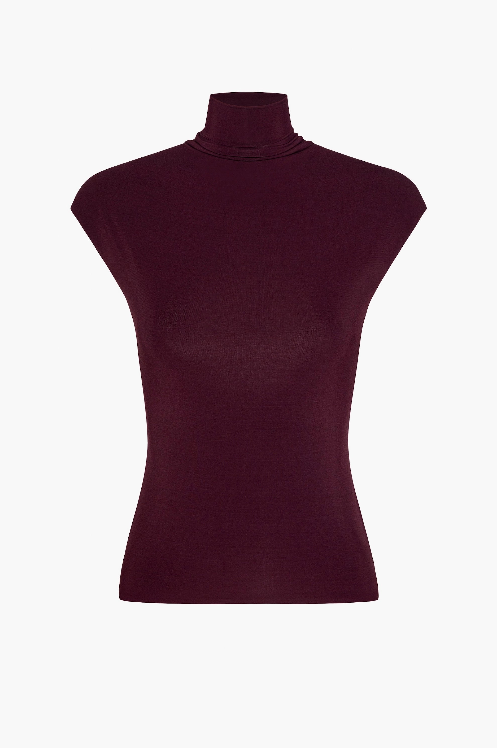 Front view of a burgundy cap-sleeve jersey top with a mock neck and a fitted silhouette, shown as a flat product shot