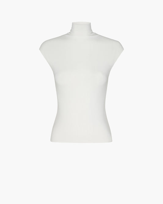 Front view of a cream cap-sleeve jersey top with a mock neck and a fitted silhouette, shown as a flat product shot