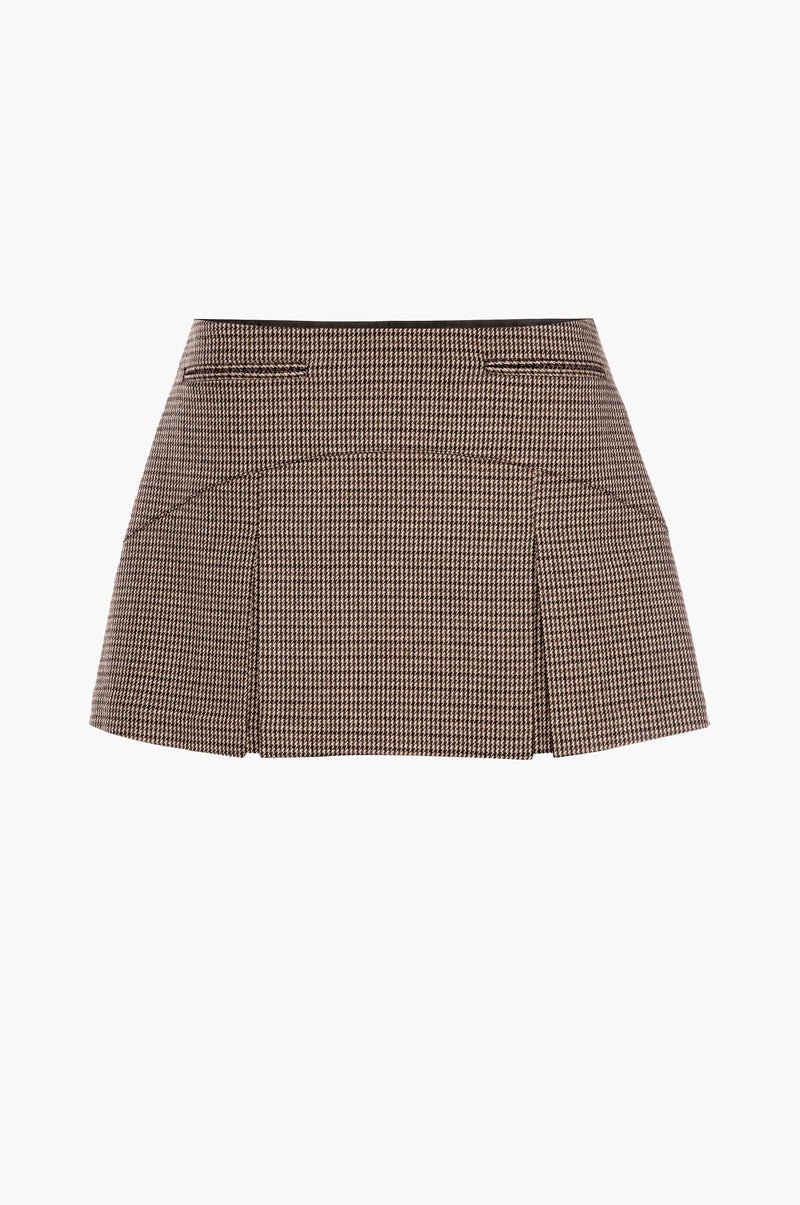 Back of a brown houndstooth mini skirt on a white background