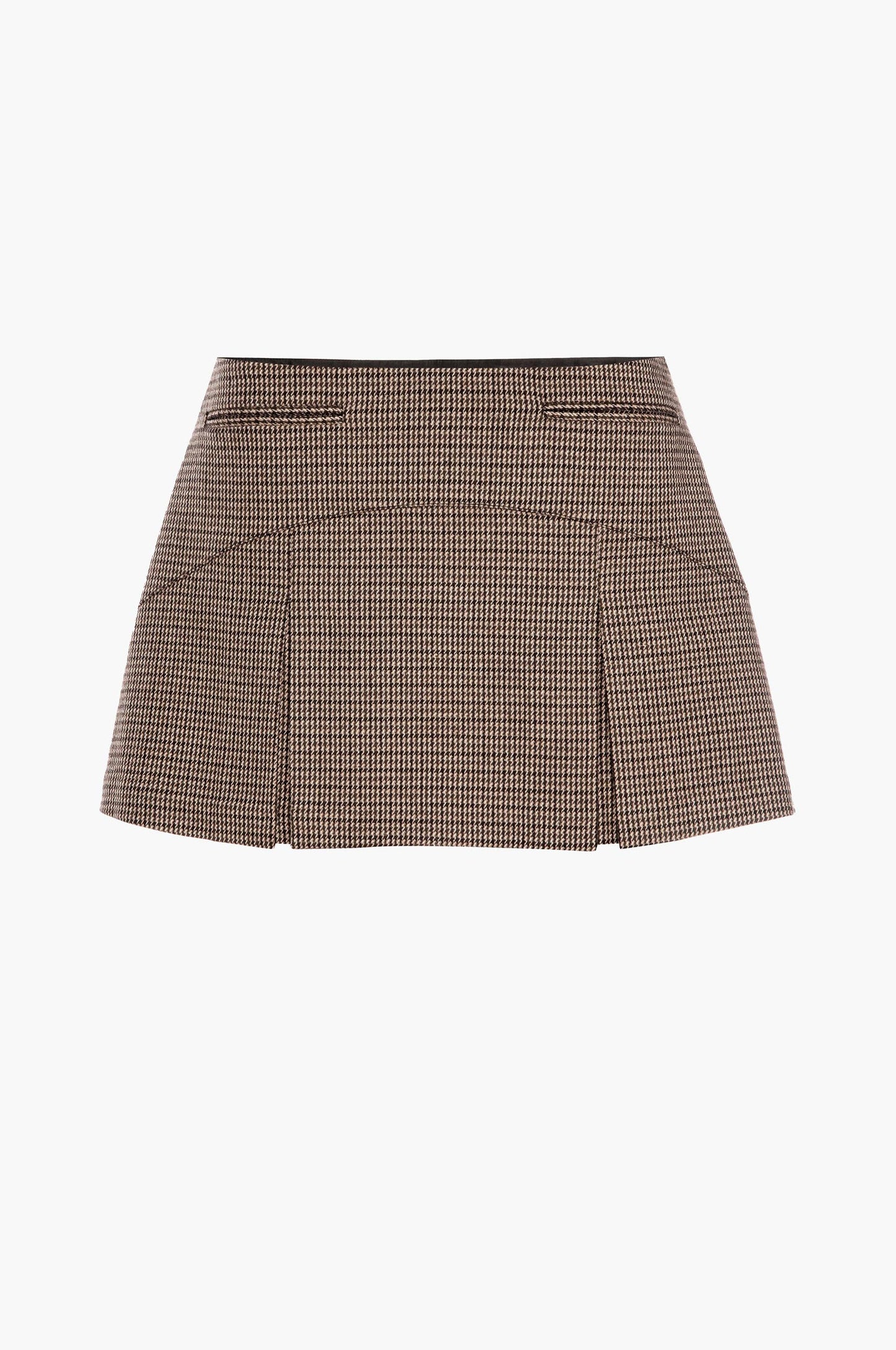 Brown houndstooth mini skirt on a white background