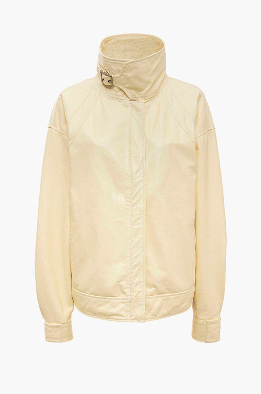 Cream lambskin leather jacket on a white background