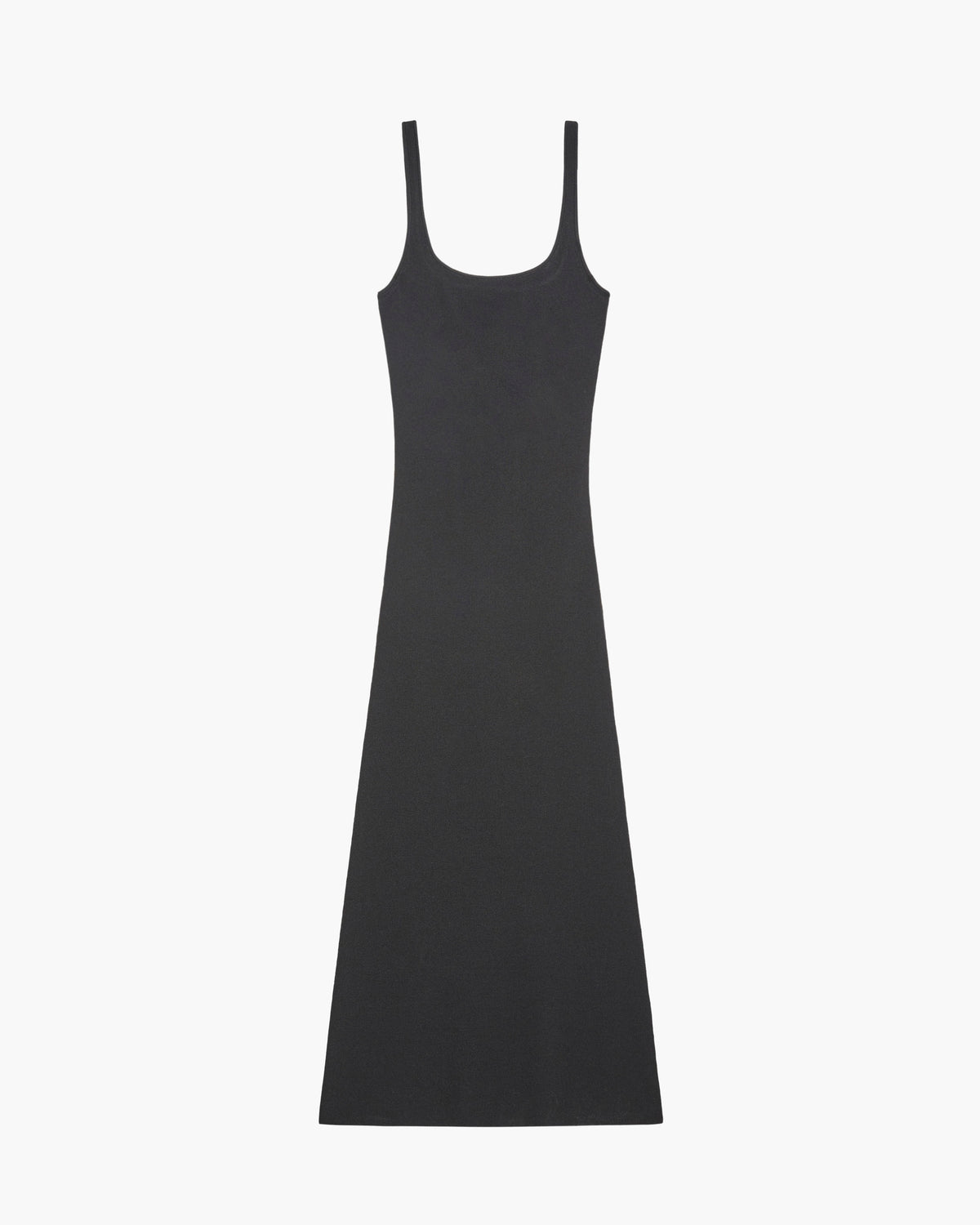 A black sleeveless knit dress with thin shoulder straps and a scoop neckline, shown flat against a light gray background.