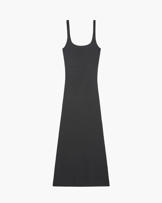 A black sleeveless knit dress with thin shoulder straps and a scoop neckline, shown flat against a light gray background.