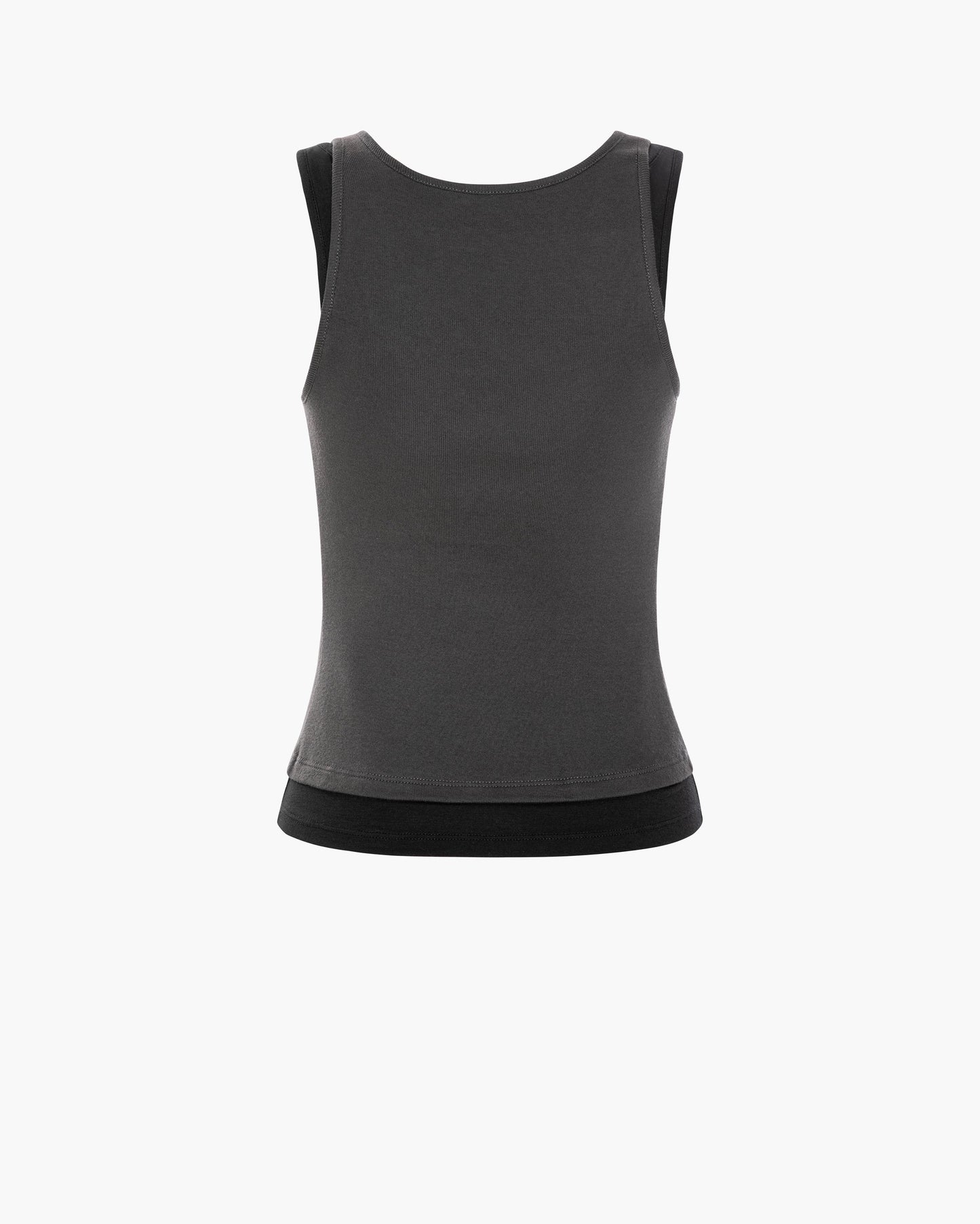Back of a charcoal tank top with black trim on a white background