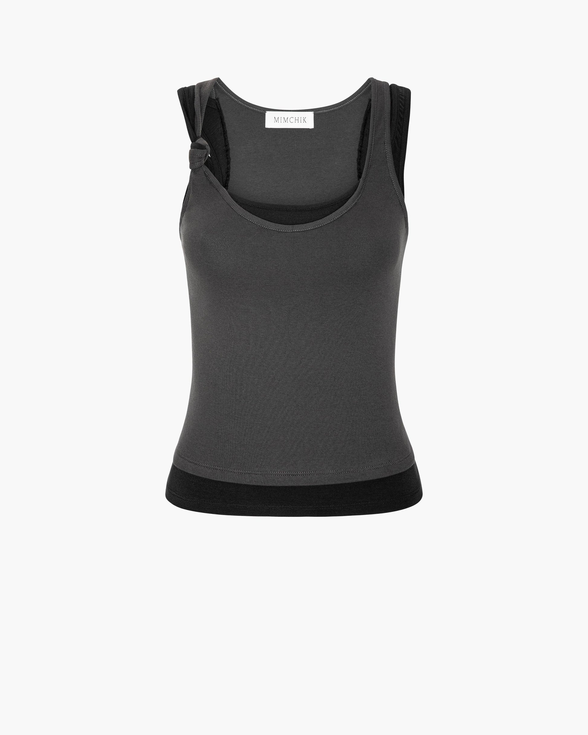 Charcoal tank top with black trim on a white background