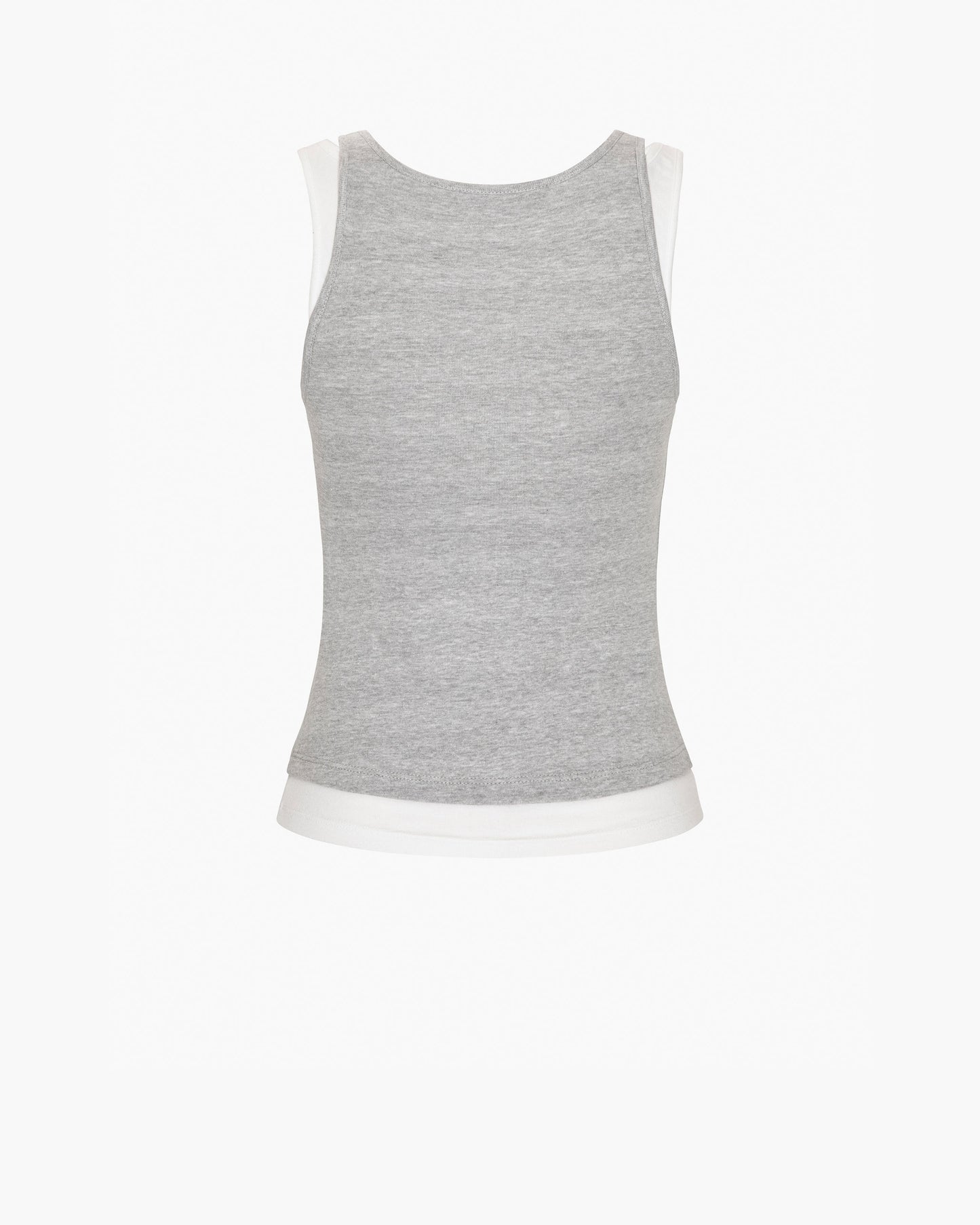 Back of a gray tank top with white trim on a white background