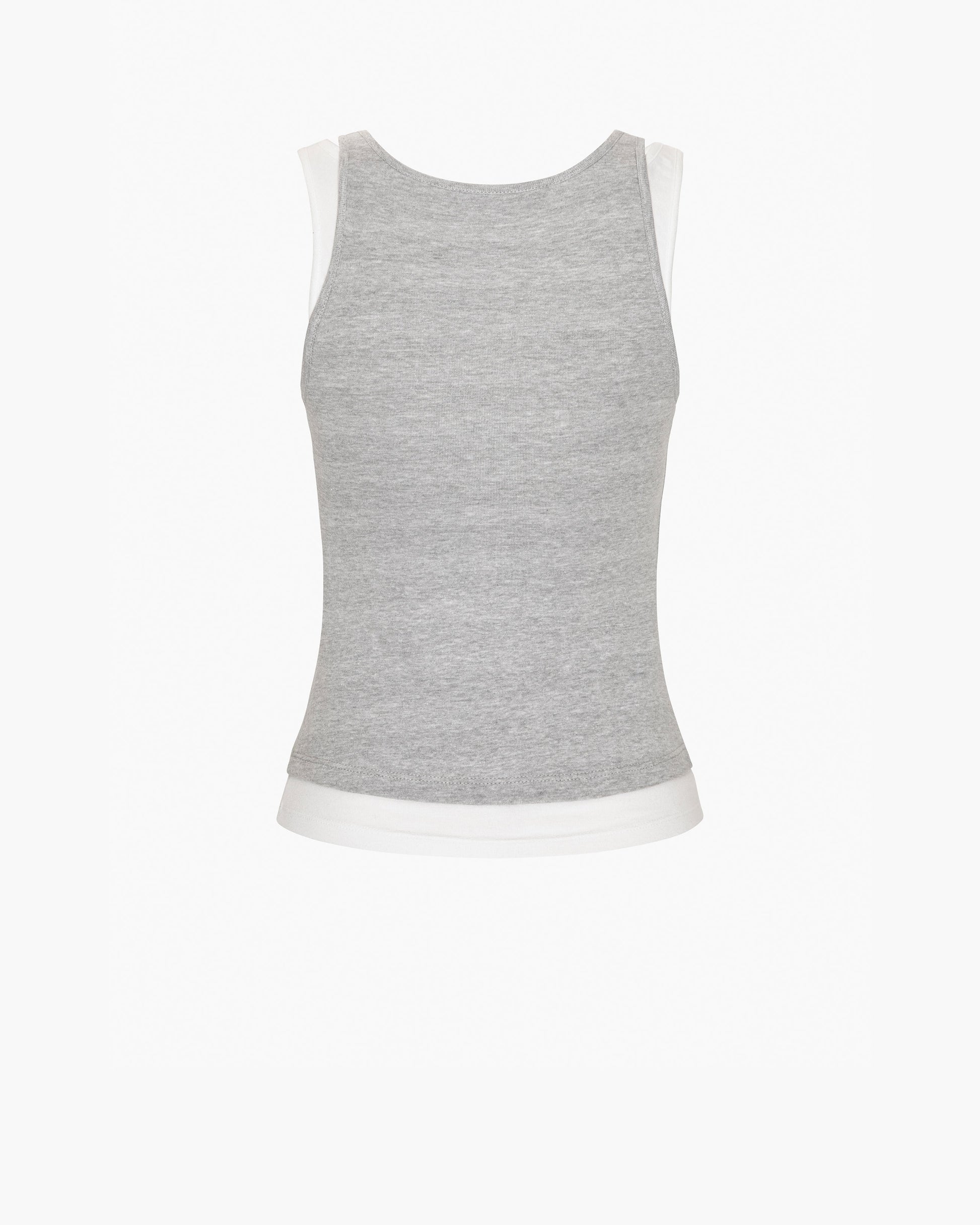 Back of a gray tank top with white trim on a white background