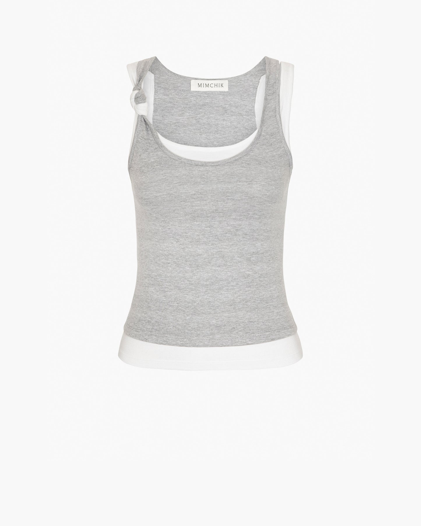 Gray tank top with white trim on a white background