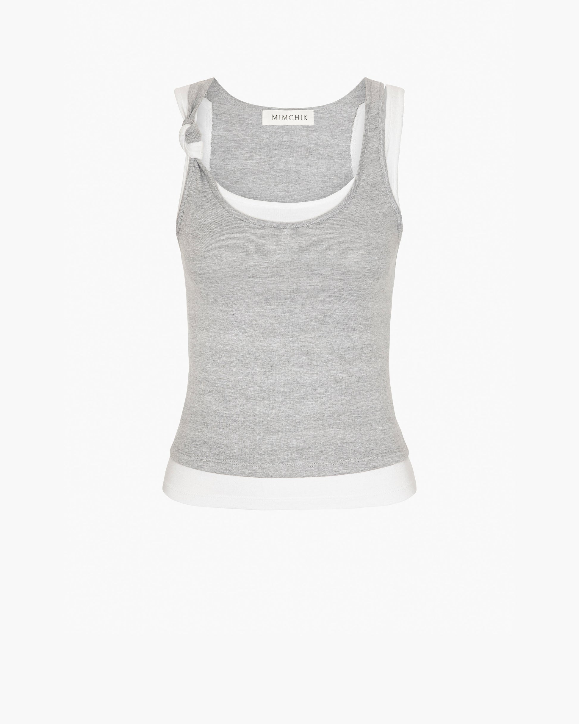 Gray tank top with white trim on a white background