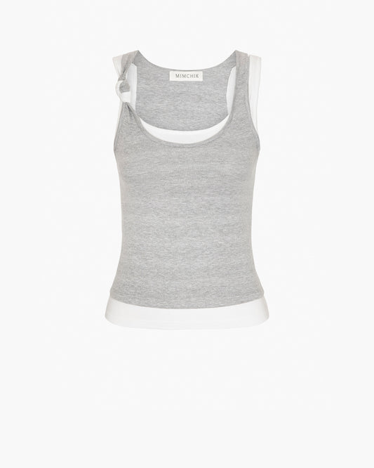 Gray tank top with white trim on a white background