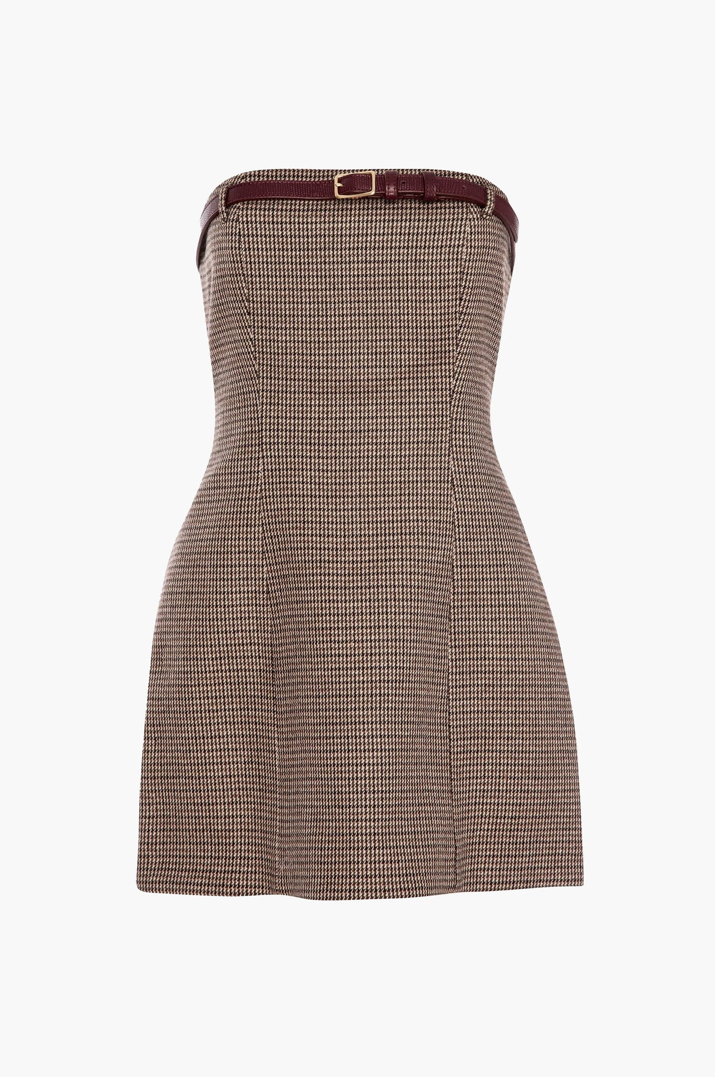 Brown strapless houndstooth mini dress with a belt on a white background