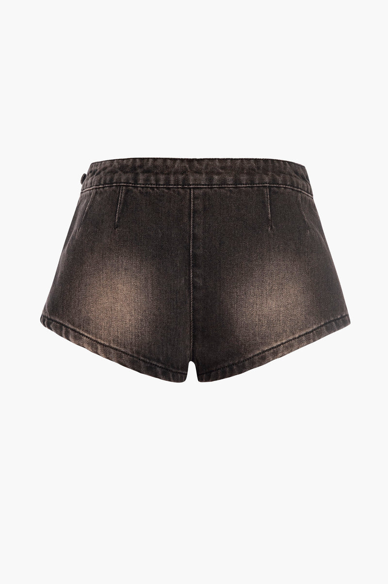 Black denim shorts on a white background