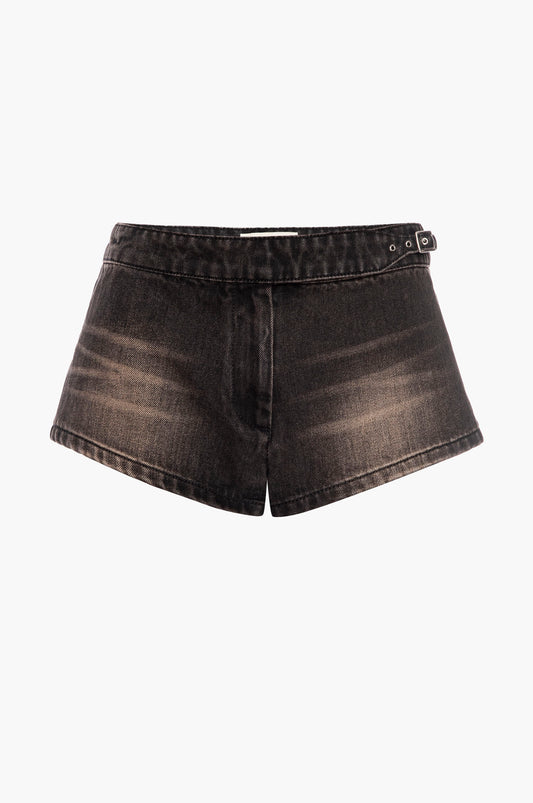 Black denim shorts on a white background