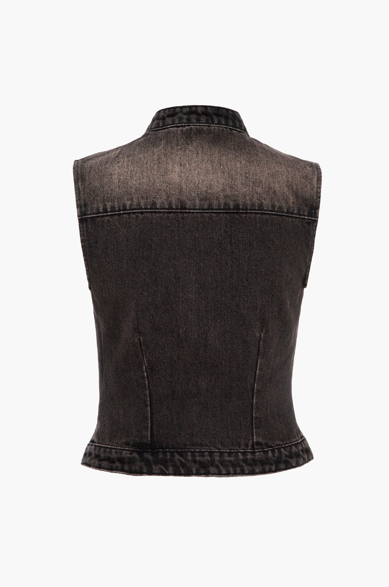 Back of a black denim vest on a white background
