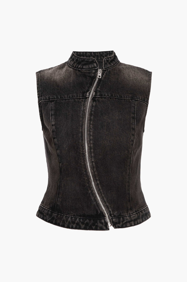 Black denim vest on a white background