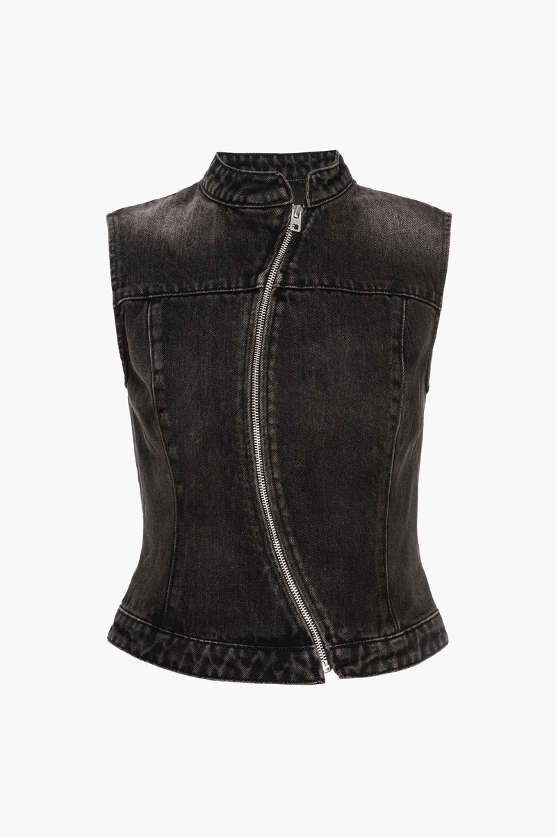 Black denim vest on a white background
