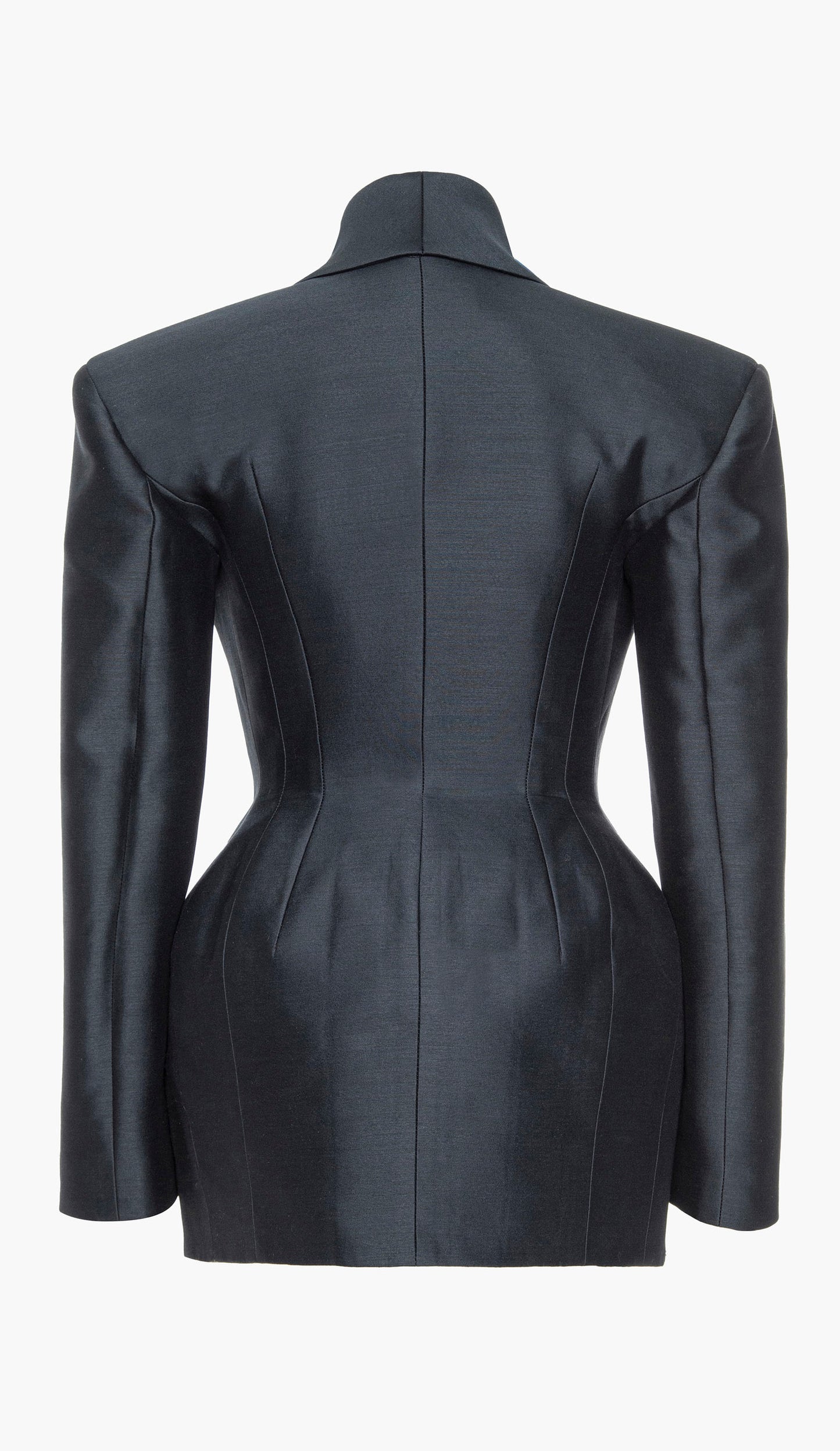 A navy blue silk wool blazer with an hourglass silhouette, asymmetrical shawl collar, and cinched waist on a white background
