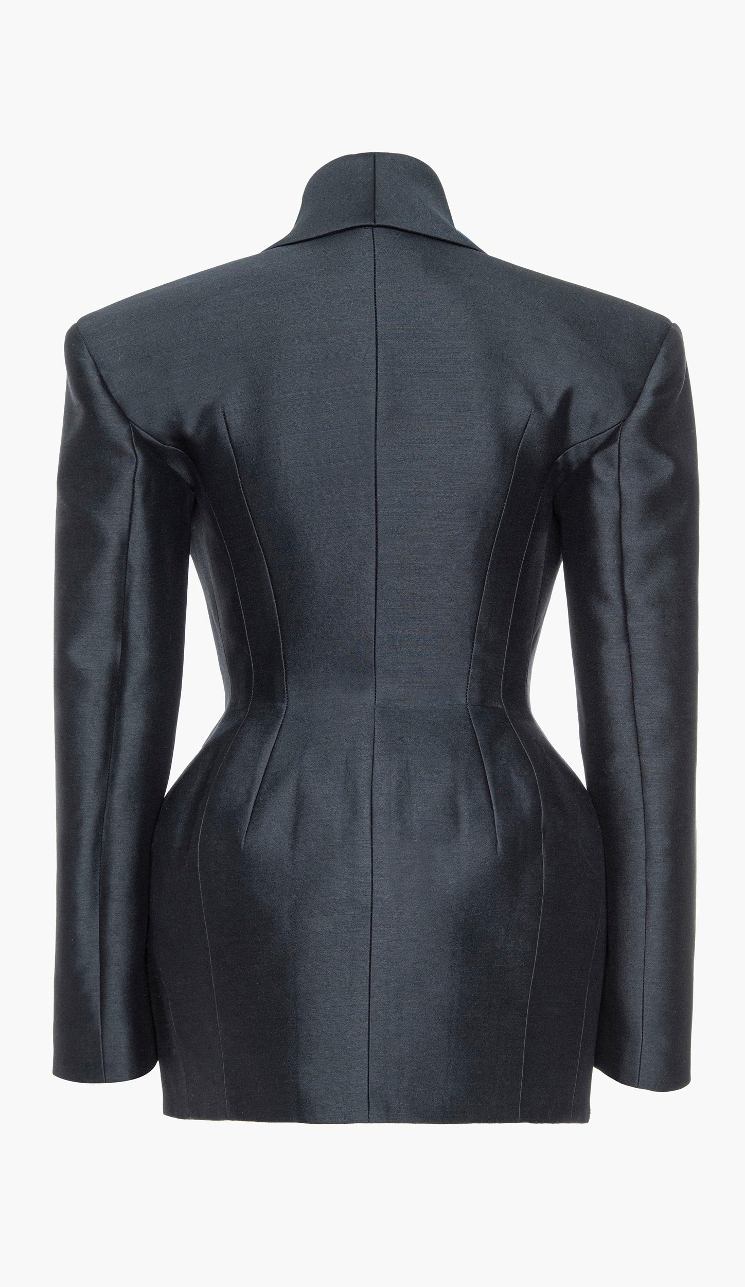 A navy blue silk wool blazer with an hourglass silhouette, asymmetrical shawl collar, and cinched waist on a white background