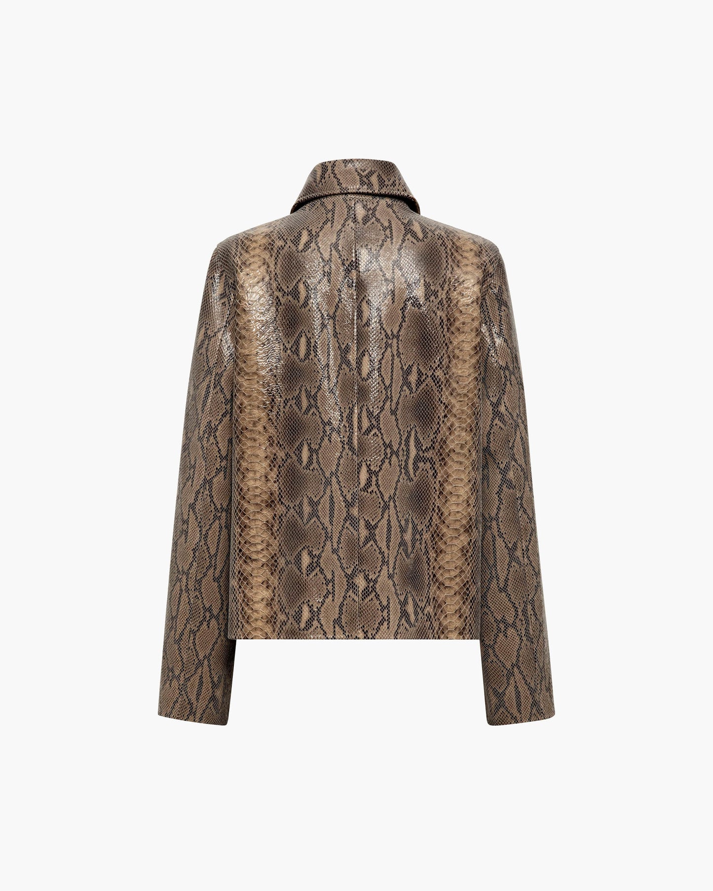 A long-sleeve jacket with a brown and beige snakeskin patterned leather, shown from the back against a plain white background.