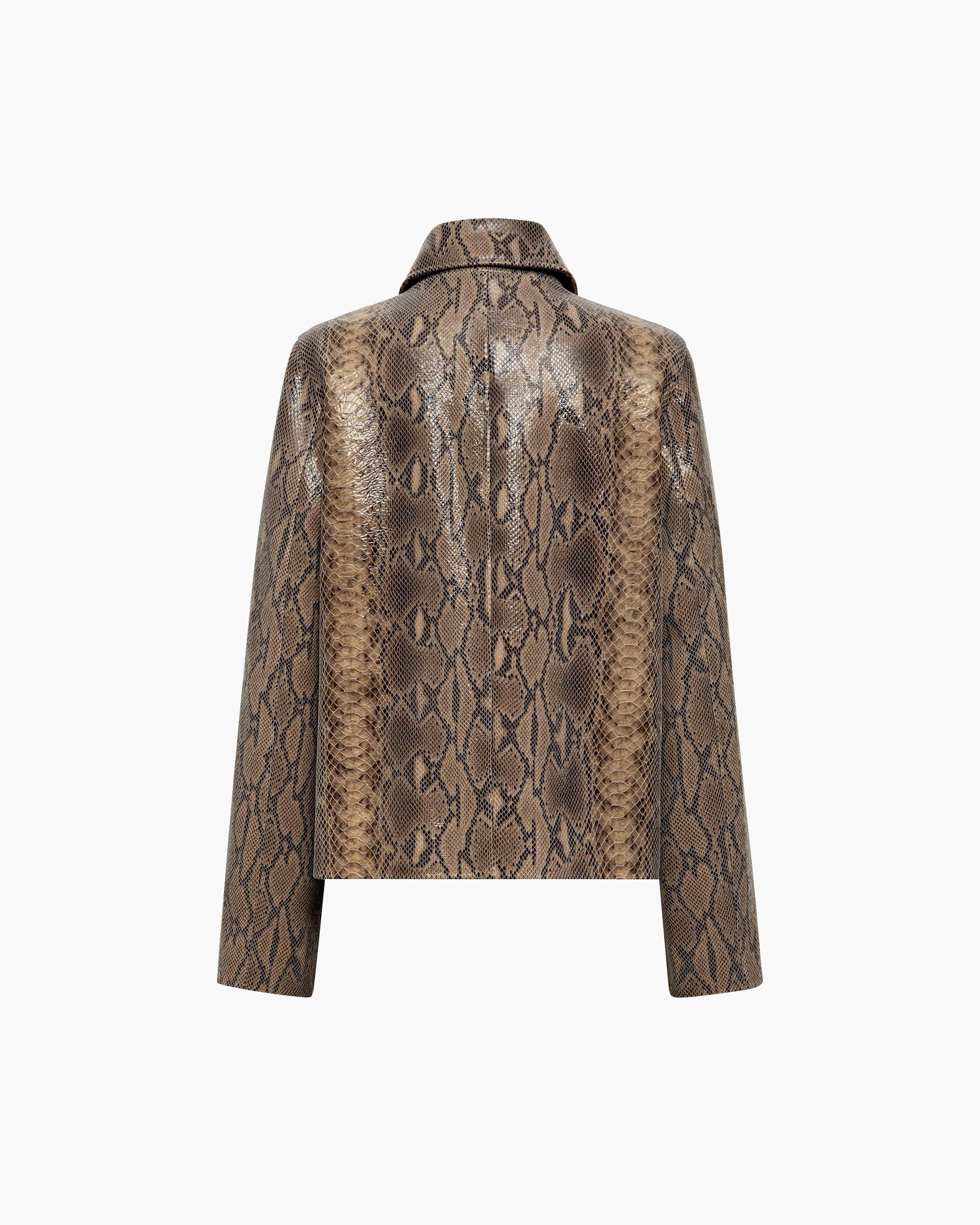 A long-sleeve jacket with a brown and beige snakeskin patterned leather, shown from the back against a plain white background.