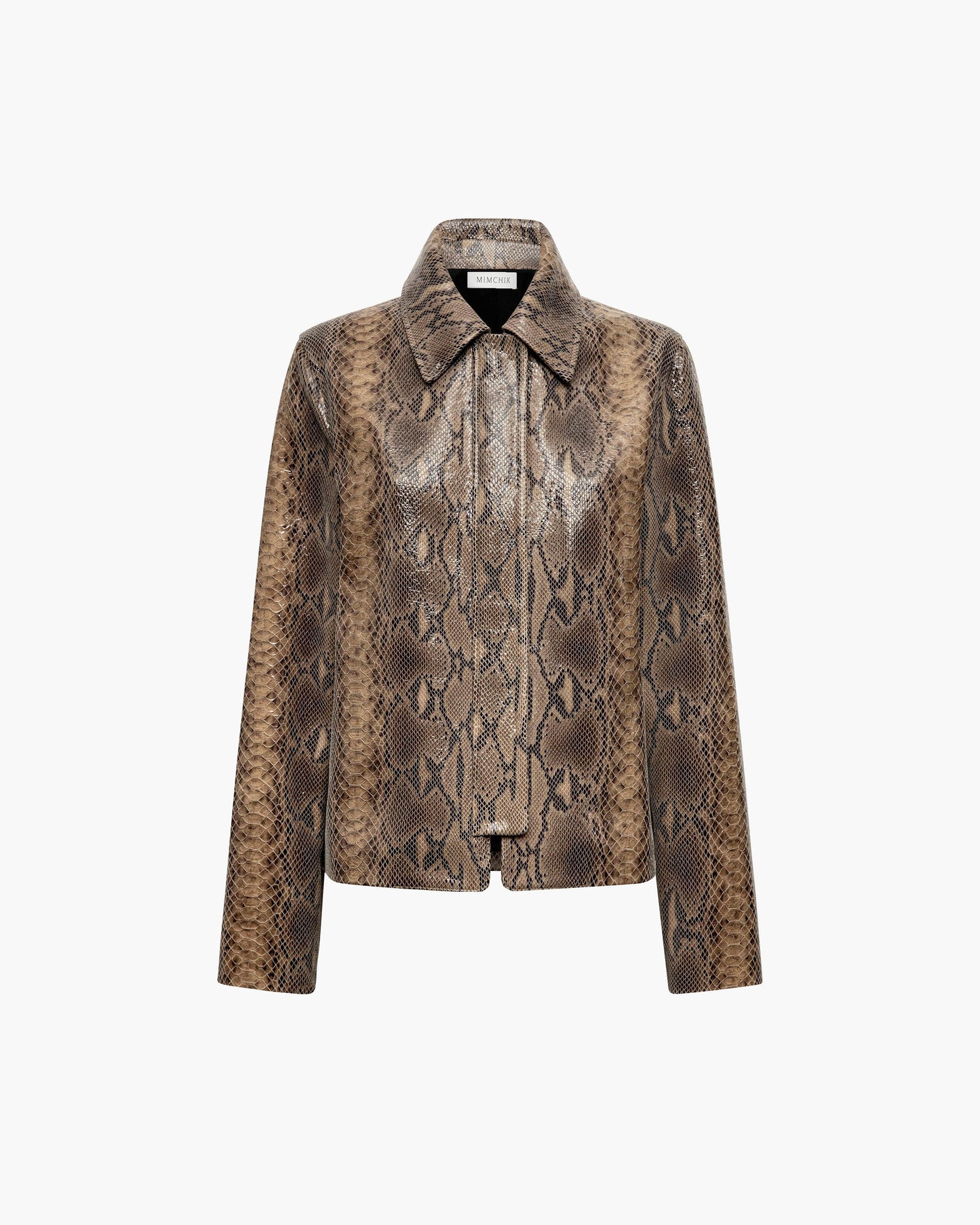 A women's long-sleeve collared jacket featuring a brown and beige snakeskin patterned leather, presented on a clean white background.