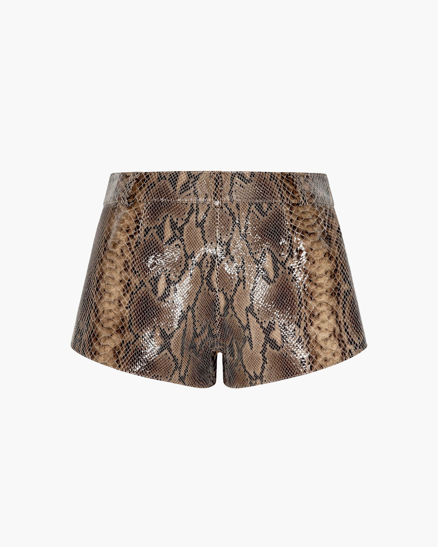 The back of a pair of brown and beige snakeskin patterned leather shorts, displayed against a solid white background.