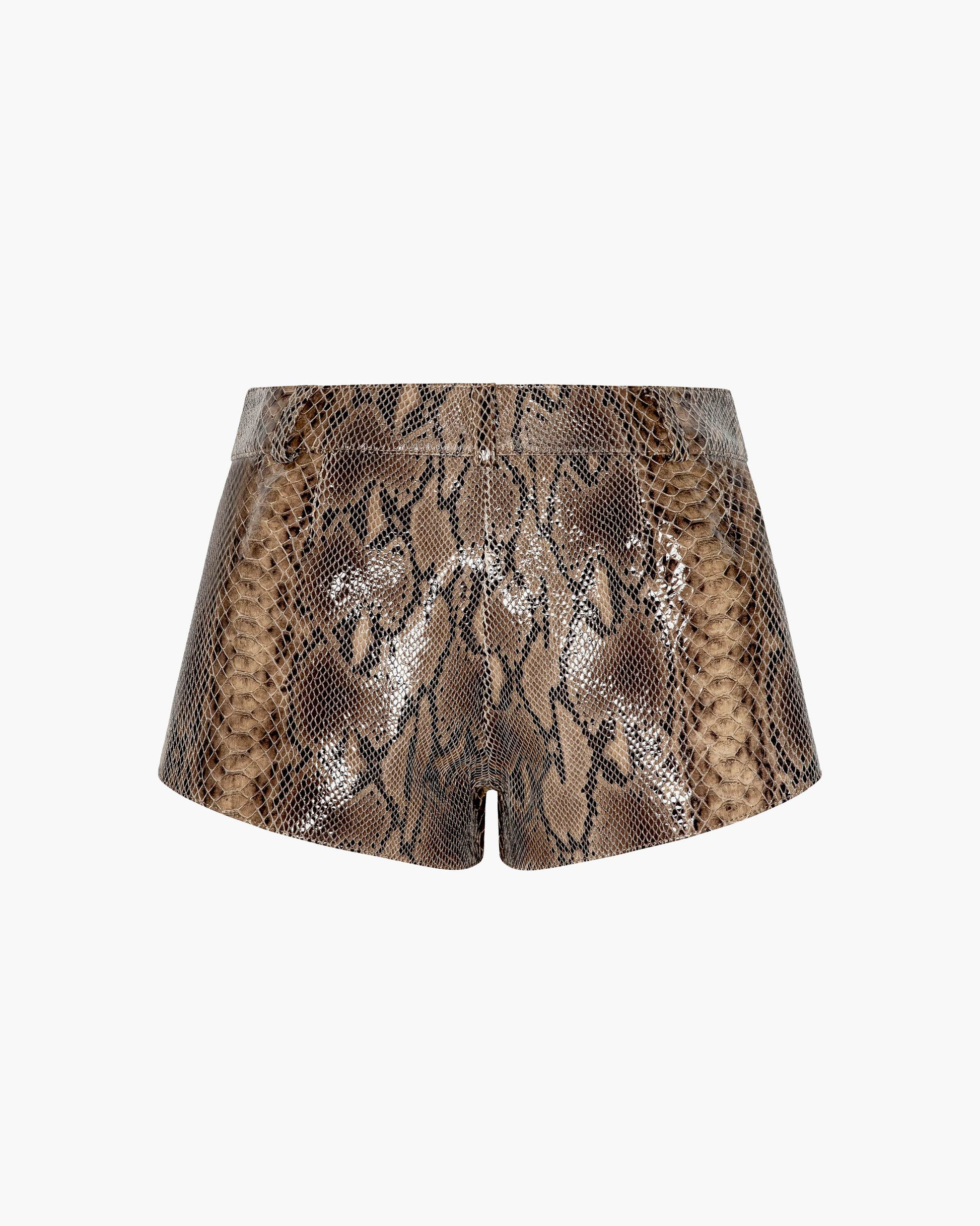 The back of a pair of brown and beige snakeskin patterned leather shorts, displayed against a solid white background.