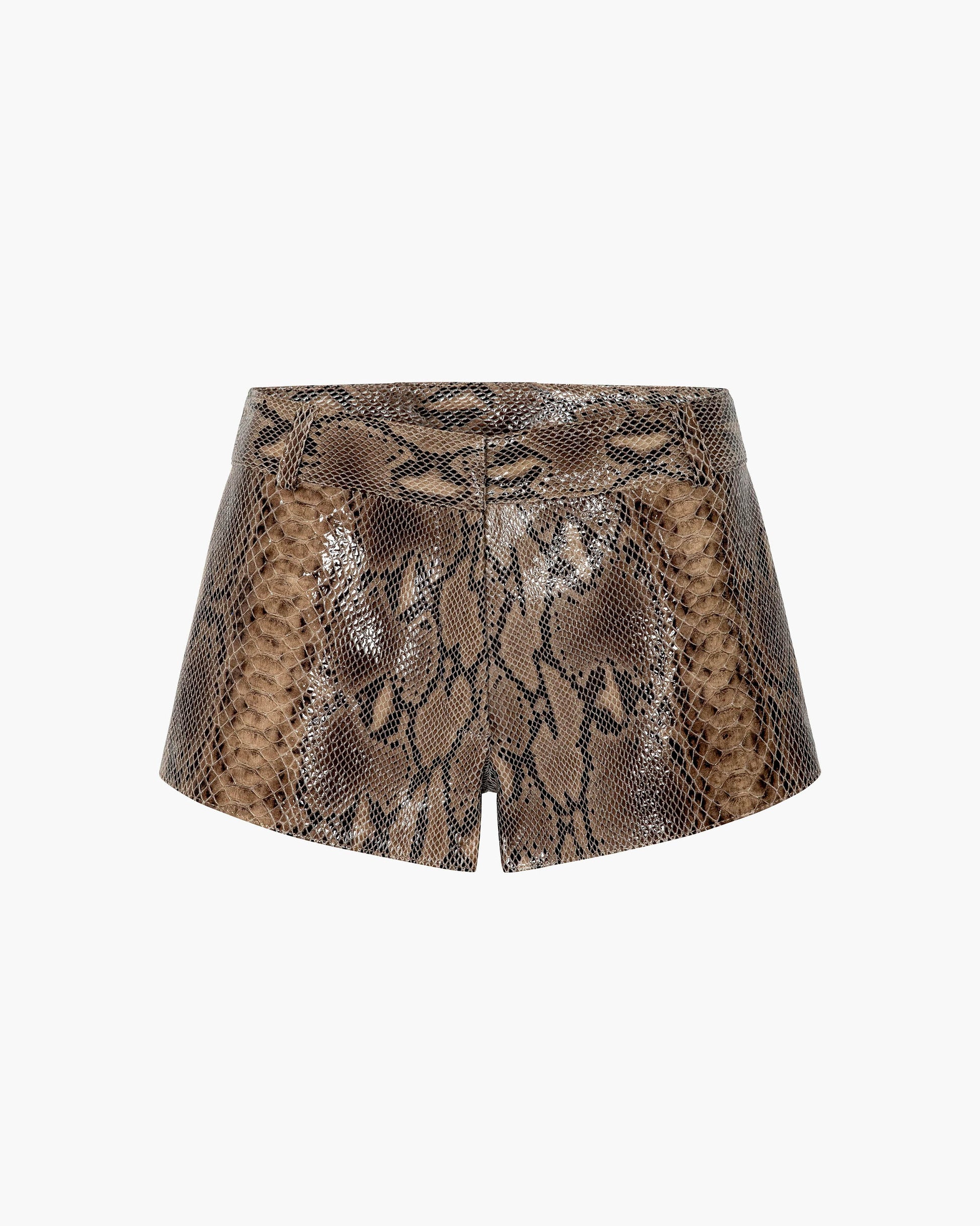 A pair of brown and beige snakeskin patterned leather shorts, displayed against a solid white background.