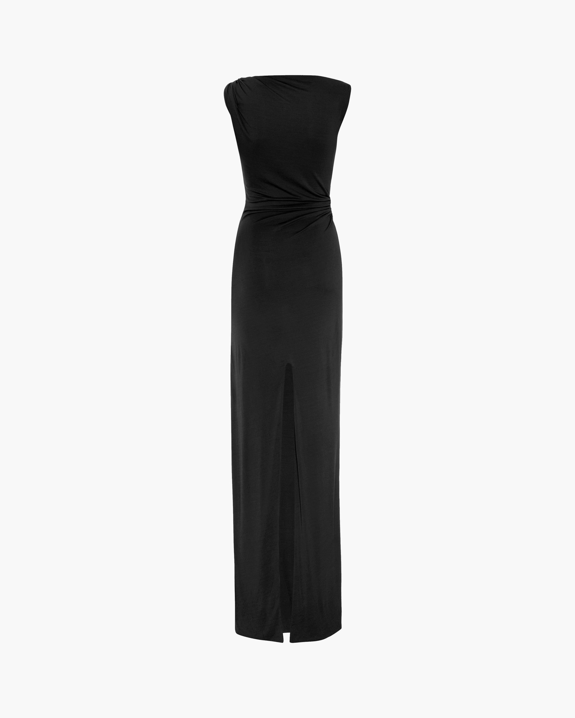 Back of a sleeveless black maxi dress with a gathered waist and a back slit, shown against a plain white background.