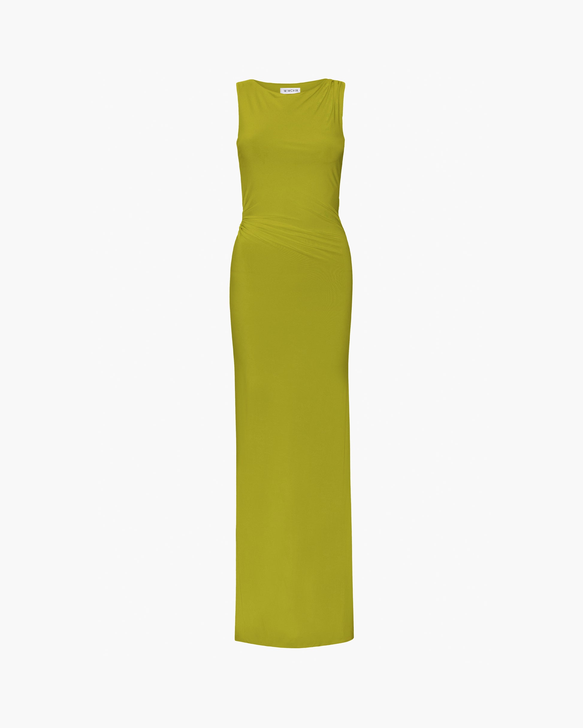 Olive green sleeveless dress on a white background