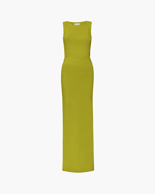 Olive green sleeveless dress on a white background