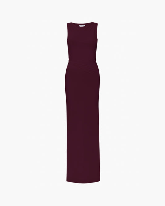 Maroon sleeveless dress on a white background