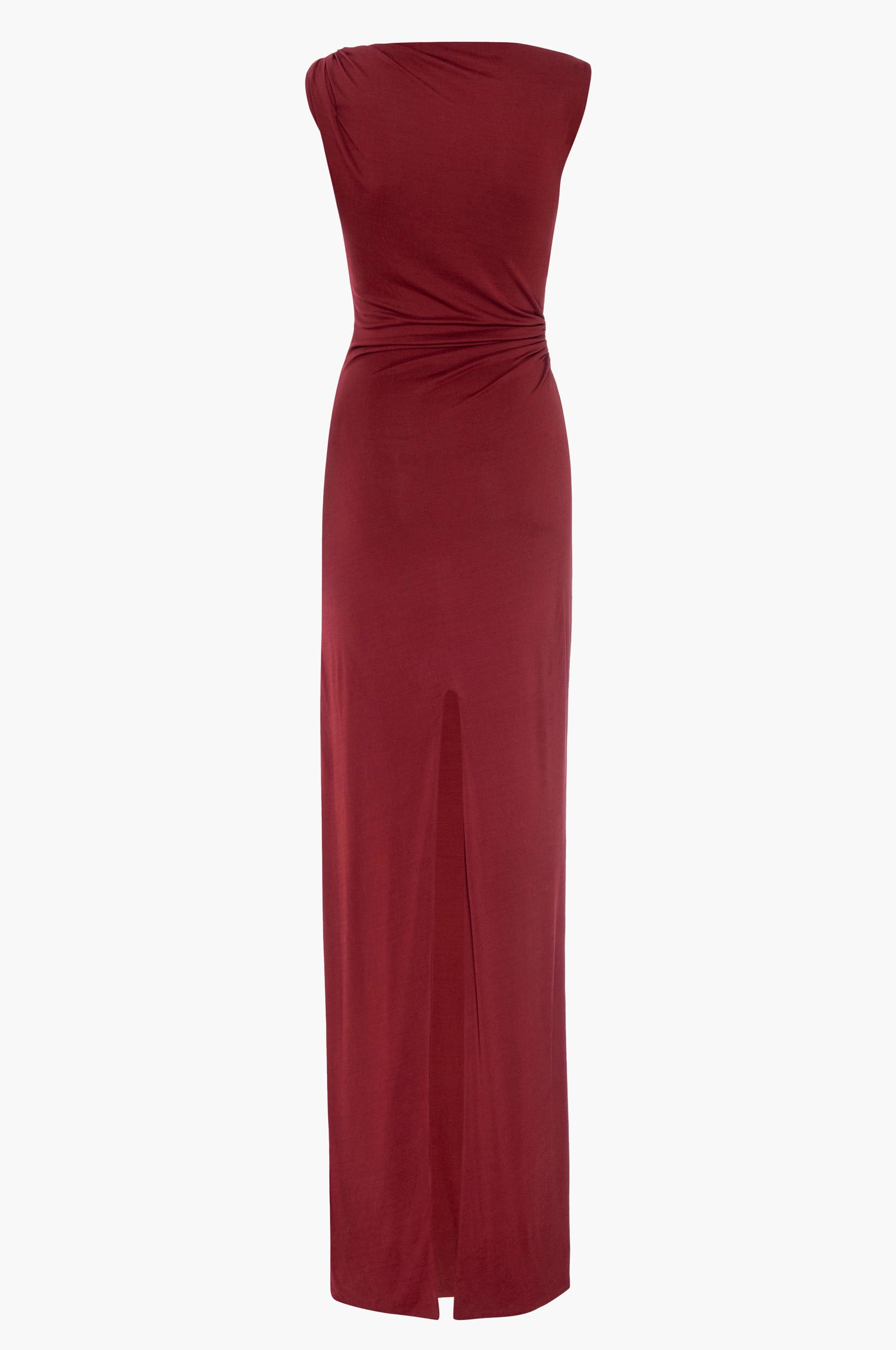 Burgundy sleeveless gown on a white background