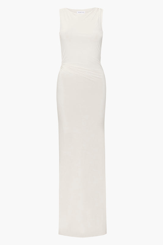 White sleeveless dress on a white background