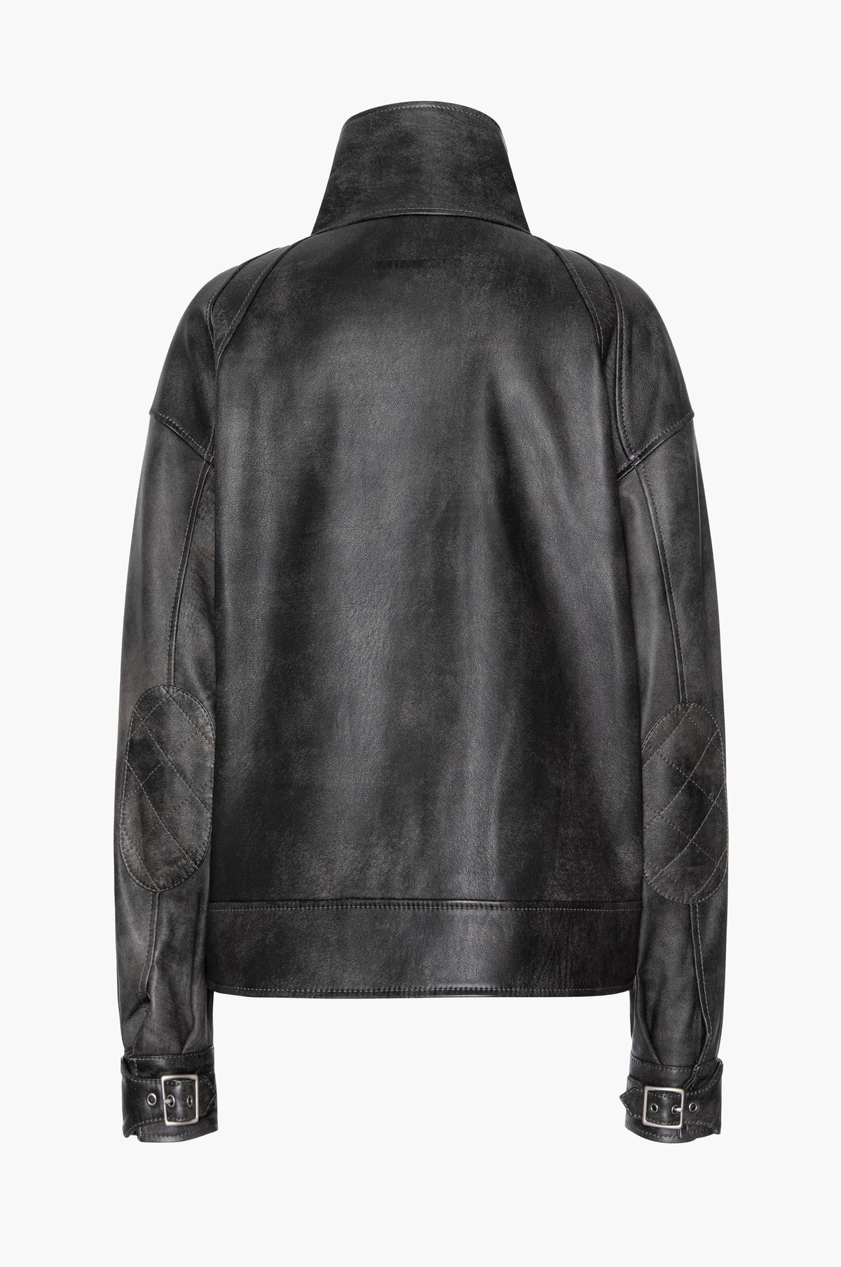 Back of a black leather aviator jacket on a white background