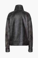 Back of a black leather aviator jacket on a white background