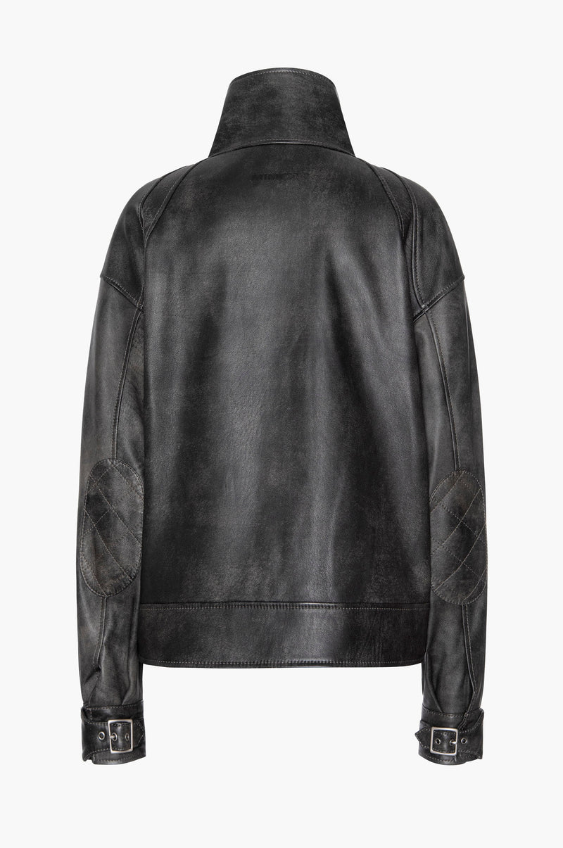 Back of a black leather aviator jacket on a white background