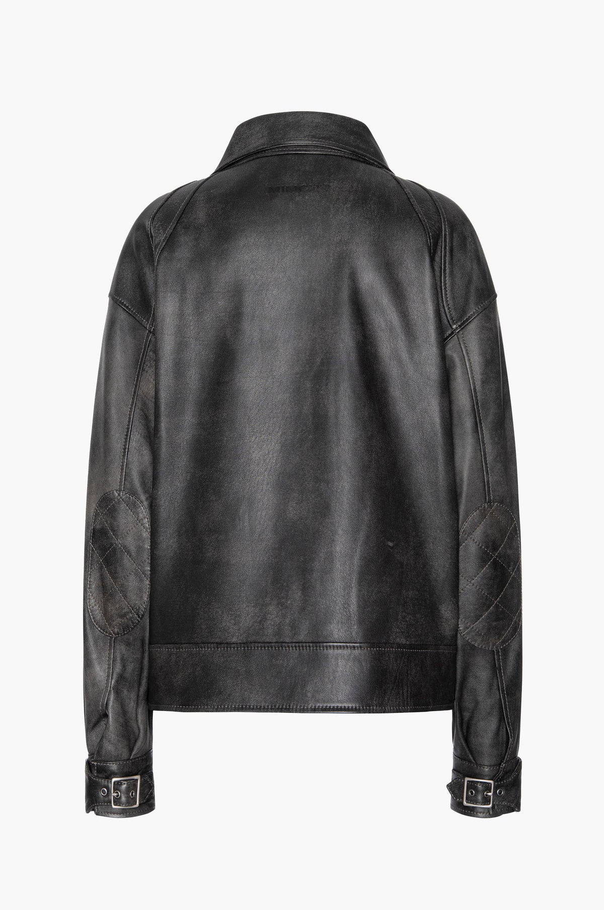 Back of a black leather aviator jacket on a white background