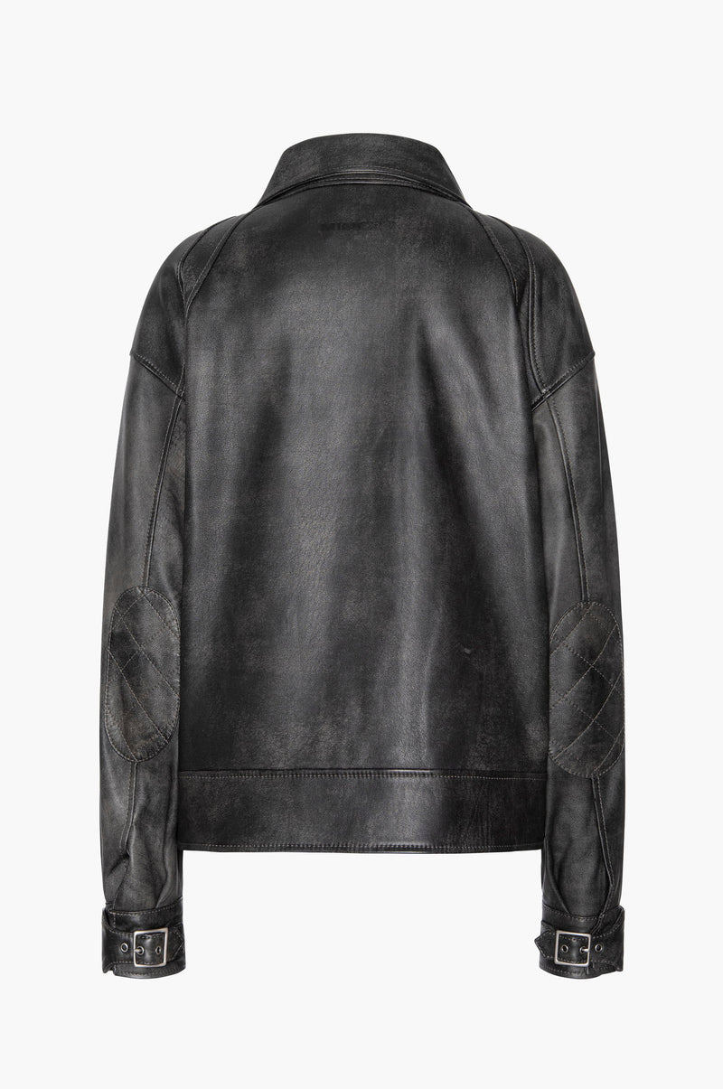 Back of a black leather aviator jacket on a white background