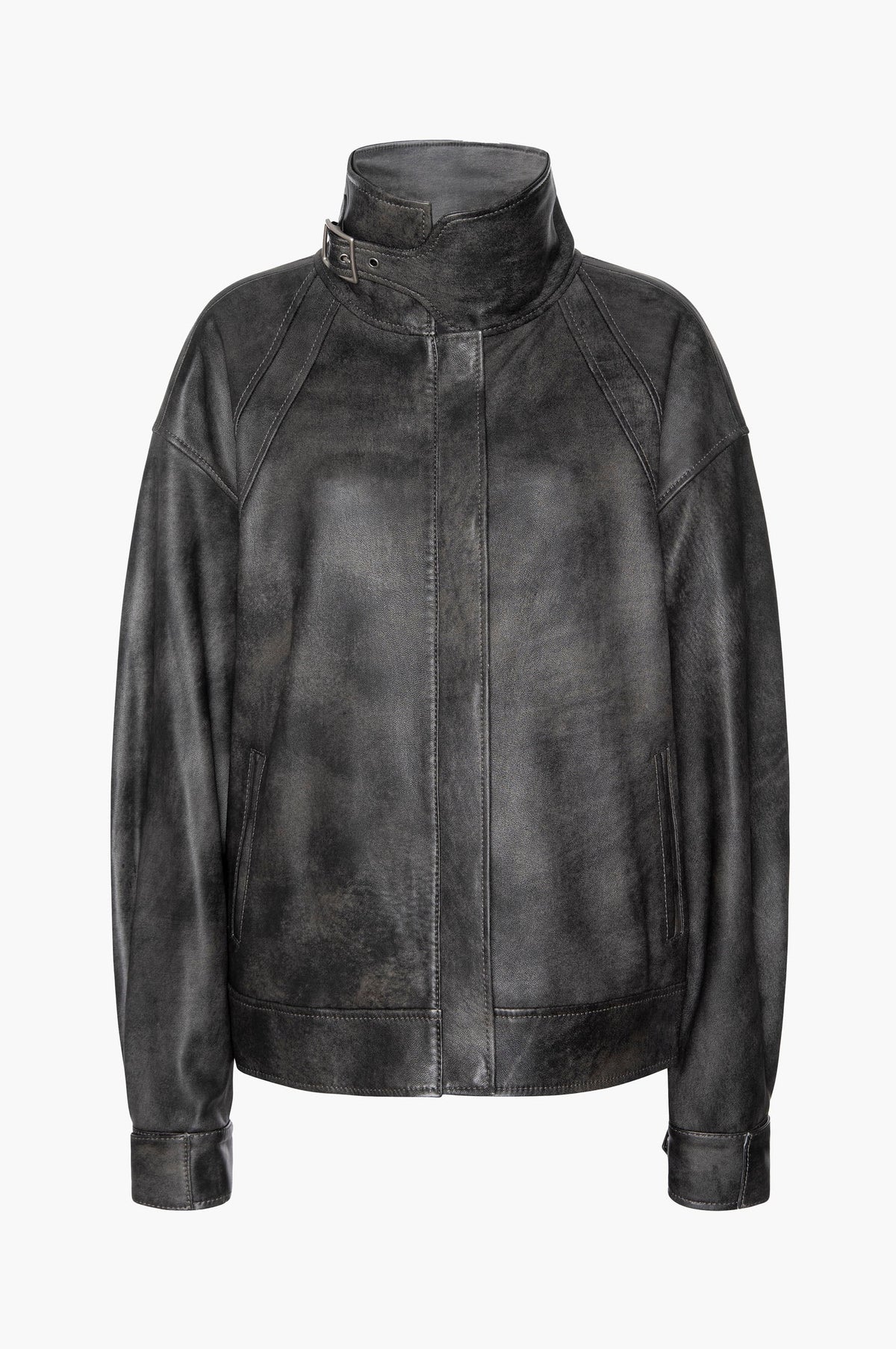 Black leather aviator jacket on a white background